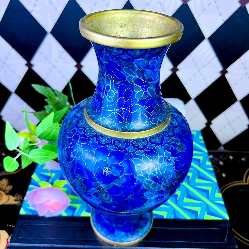 Large Blue Cloisonné 10" Floral Vase Brass Trim Vintage Elegance - Picture 3 of 10
